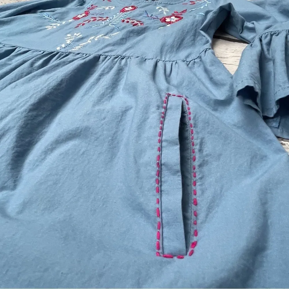 MYX Fusionwear blue boho embroidered cotton dress bell sleeves pockets, size L - Picture 6 of 14